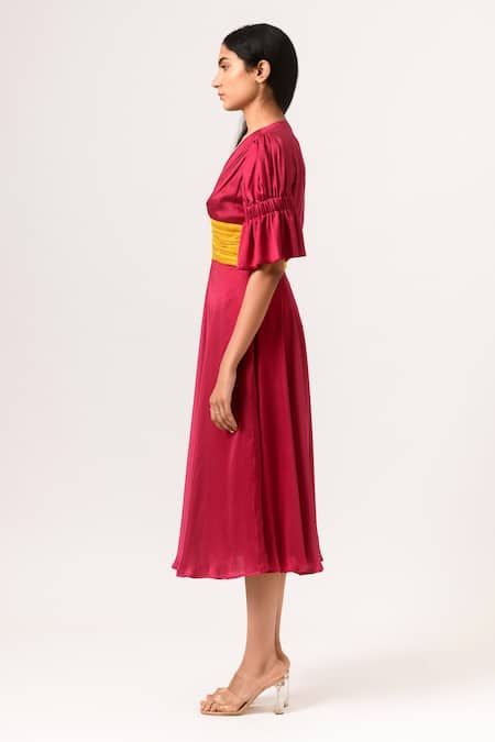 Buy_Neora By Nehal Chopra_Maroon Sustainable Silk V Neck Ruched Bodice Dress _Online_at_Aza_Fashions