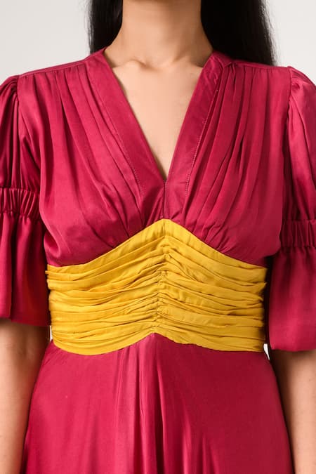 Shop_Neora By Nehal Chopra_Maroon Sustainable Silk V Neck Ruched Bodice Dress _Online_at_Aza_Fashions
