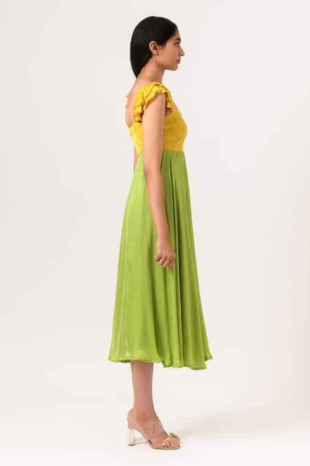 Neora By Nehal Chopra_Yellow Sustainable Silk Sweetheart Neck Ruffle Sleeve Dress _Online_at_Aza_Fashions