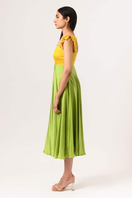 Buy_Neora By Nehal Chopra_Yellow Sustainable Silk Sweetheart Neck Ruffle Sleeve Dress _Online_at_Aza_Fashions