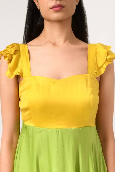 Shop_Neora By Nehal Chopra_Yellow Sustainable Silk Sweetheart Neck Ruffle Sleeve Dress _Online_at_Aza_Fashions