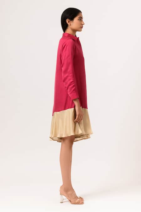 Neora By Nehal Chopra_Beige Sustainable Silk Collared Neck Asymmetric Hem Dress _Online_at_Aza_Fashions