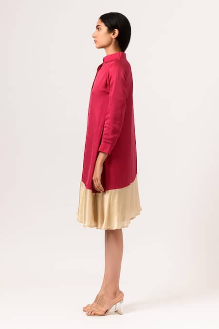 Buy_Neora By Nehal Chopra_Beige Sustainable Silk Collared Neck Asymmetric Hem Dress _Online_at_Aza_Fashions