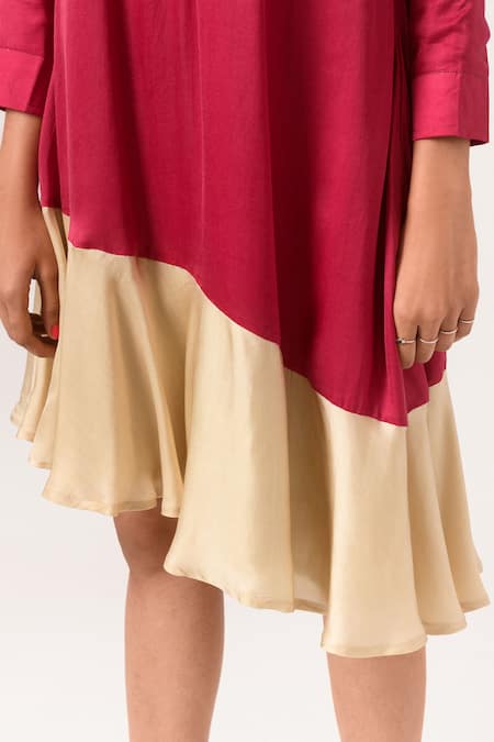 Shop_Neora By Nehal Chopra_Beige Sustainable Silk Collared Neck Asymmetric Hem Dress _Online_at_Aza_Fashions