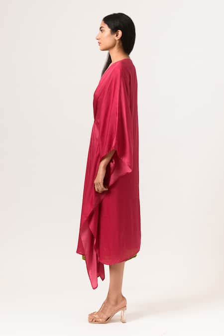 Shop_Neora By Nehal Chopra_Green Sustainable Silk V Neck Color Block Kaftan _Online_at_Aza_Fashions