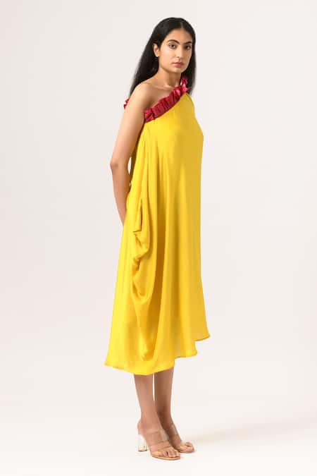 Neora By Nehal Chopra_Yellow Sustainable Silk One Shoulder Draped Dress _Online_at_Aza_Fashions