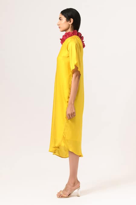 Shop_Neora By Nehal Chopra_Yellow Sustainable Silk One Shoulder Draped Dress _Online_at_Aza_Fashions