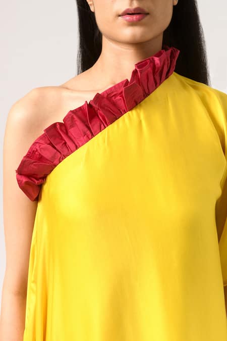 Neora By Nehal Chopra_Yellow Sustainable Silk One Shoulder Draped Dress _at_Aza_Fashions