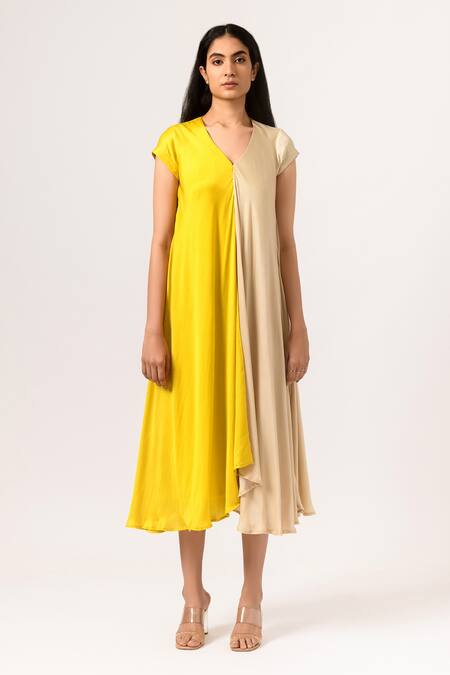 Neora By Nehal Chopra_Beige Sustainable Silk V Neck Color Block Dress _Online_at_Aza_Fashions