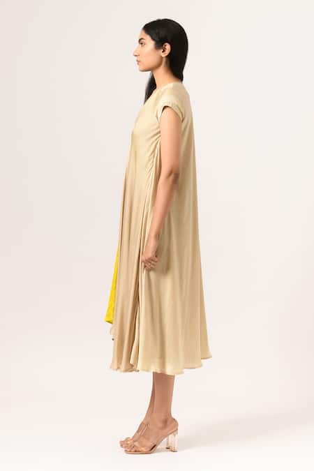 Shop_Neora By Nehal Chopra_Beige Sustainable Silk V Neck Color Block Dress _Online_at_Aza_Fashions