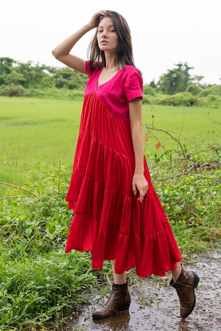 Buy_Neora By Nehal Chopra_Red Sustainable Silk V Neck Asymmetric Hem Tiered Dress _Online_at_Aza_Fashions