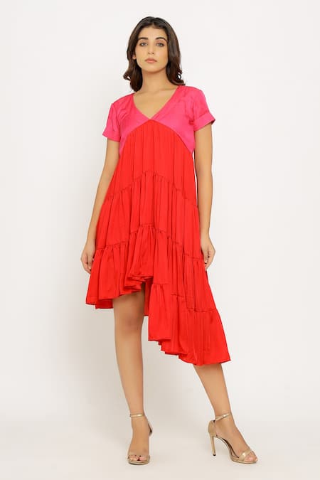 Shop_Neora By Nehal Chopra_Red Sustainable Silk V Neck Asymmetric Hem Tiered Dress _Online_at_Aza_Fashions