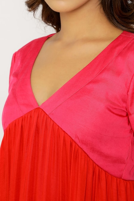 Neora By Nehal Chopra_Red Sustainable Silk V Neck Asymmetric Hem Tiered Dress _at_Aza_Fashions