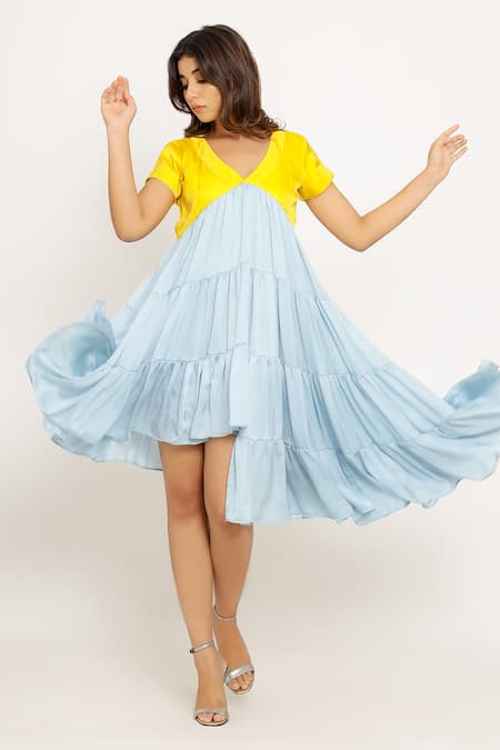 Neora By Nehal Chopra_Blue Sustainable Silk V Neck Tiered Color Block Dress _Online_at_Aza_Fashions