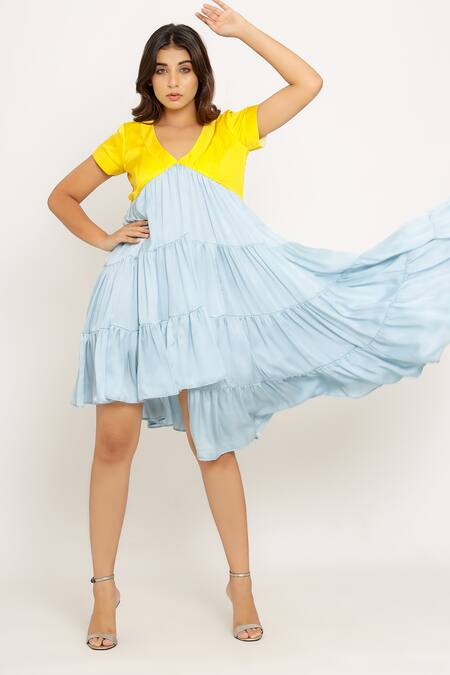 Buy_Neora By Nehal Chopra_Blue Sustainable Silk V Neck Tiered Color Block Dress _Online_at_Aza_Fashions
