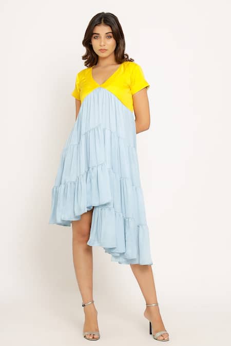 Shop_Neora By Nehal Chopra_Blue Sustainable Silk V Neck Tiered Color Block Dress _Online_at_Aza_Fashions
