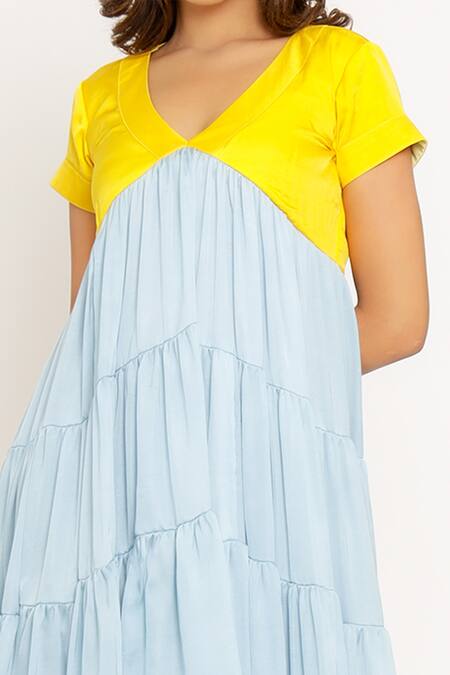 Neora By Nehal Chopra_Blue Sustainable Silk V Neck Tiered Color Block Dress _at_Aza_Fashions