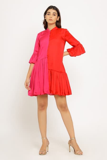 Neora By Nehal Chopra_Red Sustainable Silk Mandarin Collar Color Block Dress _Online_at_Aza_Fashions