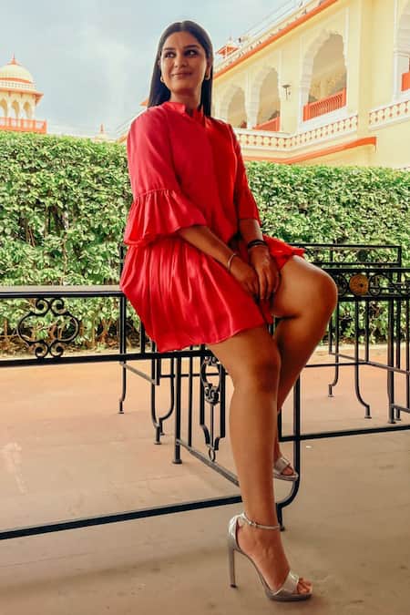 Buy_Neora By Nehal Chopra_Red Sustainable Silk Mandarin Collar Color Block Dress _Online_at_Aza_Fashions