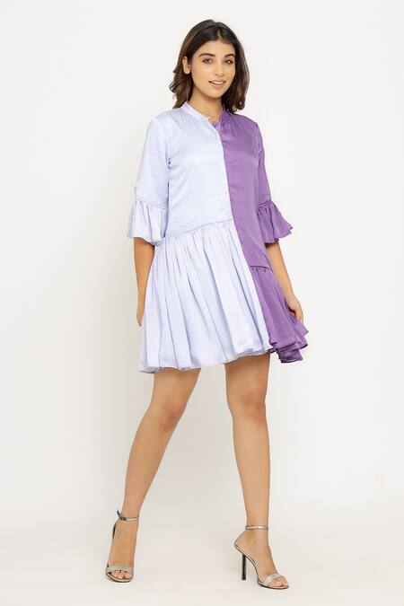 Neora By Nehal Chopra_Purple Sustainable Silk Mandarin Collar Color Block Gathered Dress _Online_at_Aza_Fashions