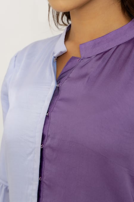 Neora By Nehal Chopra_Purple Sustainable Silk Mandarin Collar Color Block Gathered Dress _at_Aza_Fashions