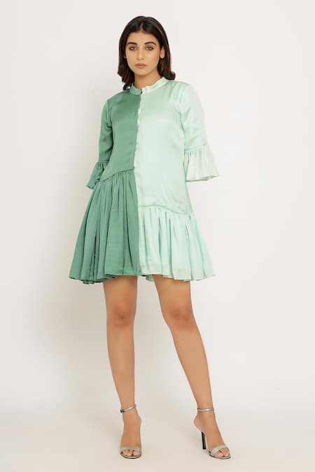 Neora By Nehal Chopra_Green Sustainable Silk Mandarin Collar Color Block Dress _Online_at_Aza_Fashions