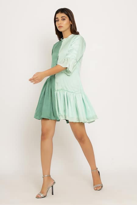 Buy_Neora By Nehal Chopra_Green Sustainable Silk Mandarin Collar Color Block Dress _Online_at_Aza_Fashions
