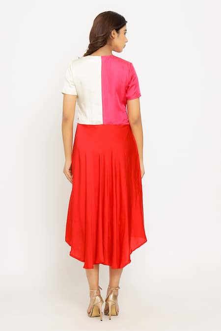 Shop_Neora By Nehal Chopra_Red Sustainable Silk V Neck Asymmetric Color Block Dress _at_Aza_Fashions