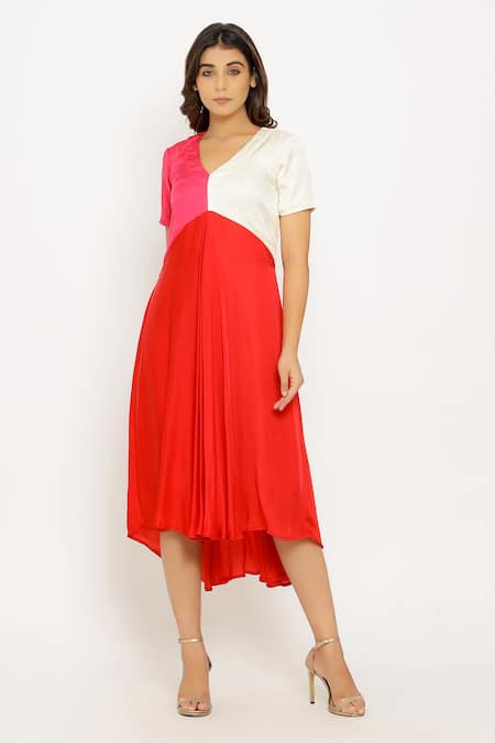 Neora By Nehal Chopra_Red Sustainable Silk V Neck Asymmetric Color Block Dress _Online_at_Aza_Fashions