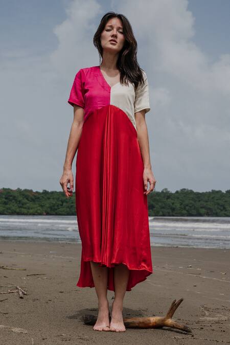 Buy_Neora By Nehal Chopra_Red Sustainable Silk V Neck Asymmetric Color Block Dress _Online_at_Aza_Fashions