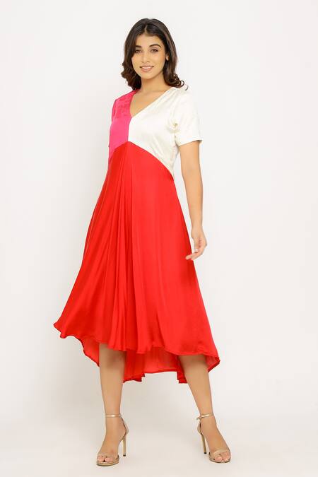 Shop_Neora By Nehal Chopra_Red Sustainable Silk V Neck Asymmetric Color Block Dress _Online_at_Aza_Fashions