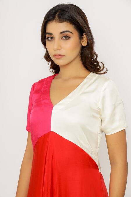 Neora By Nehal Chopra_Red Sustainable Silk V Neck Asymmetric Color Block Dress _at_Aza_Fashions
