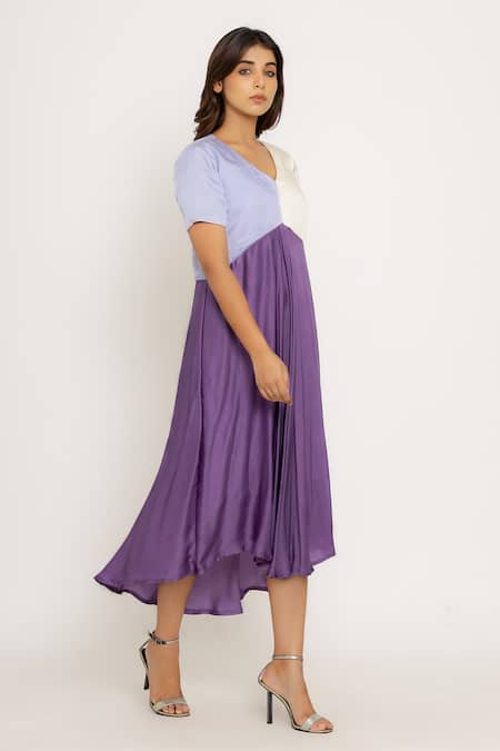 Neora By Nehal Chopra_Purple Sustainable Silk V Neck Color Block Asymmetric Dress _Online_at_Aza_Fashions