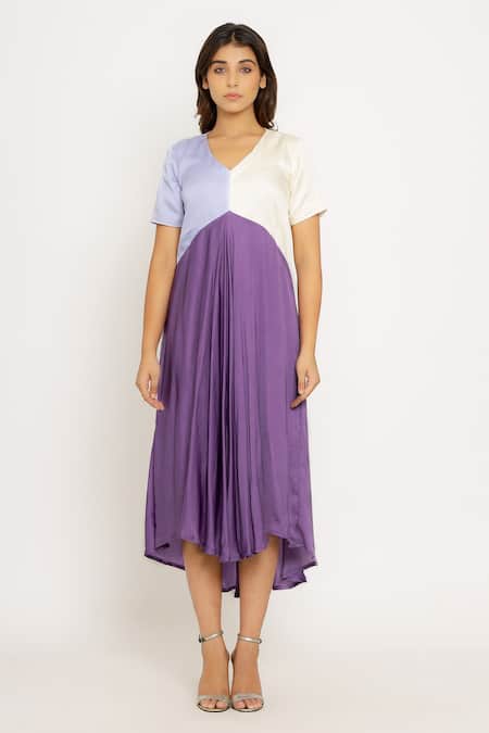 Buy_Neora By Nehal Chopra_Purple Sustainable Silk V Neck Color Block Asymmetric Dress _Online_at_Aza_Fashions