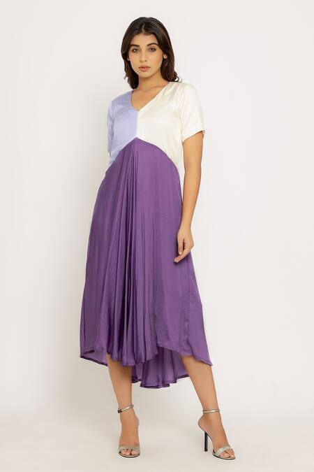 Shop_Neora By Nehal Chopra_Purple Sustainable Silk V Neck Color Block Asymmetric Dress _Online_at_Aza_Fashions