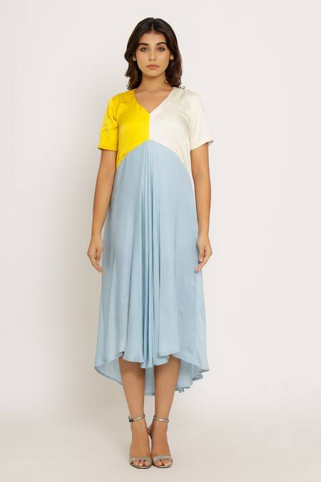 Buy_Neora By Nehal Chopra_Blue Sustainable Silk V Neck Color Block Dress _Online_at_Aza_Fashions