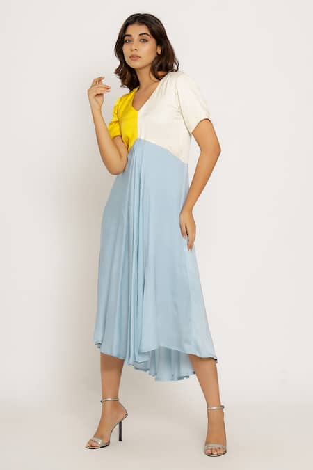 Shop_Neora By Nehal Chopra_Blue Sustainable Silk V Neck Color Block Dress _Online_at_Aza_Fashions