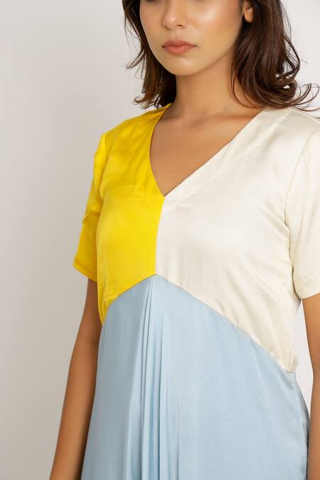 Neora By Nehal Chopra_Blue Sustainable Silk V Neck Color Block Dress _at_Aza_Fashions