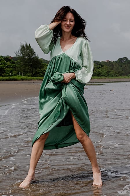 Buy_Neora By Nehal Chopra_Green Sustainable Silk V Neck Bishop Sleeve Dress _Online_at_Aza_Fashions