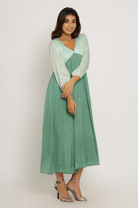 Neora By Nehal Chopra_Green Sustainable Silk V Neck Bishop Sleeve Dress _Online_at_Aza_Fashions
