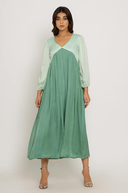 Shop_Neora By Nehal Chopra_Green Sustainable Silk V Neck Bishop Sleeve Dress _Online_at_Aza_Fashions