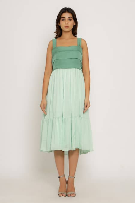 Neora By Nehal Chopra_Green Sustainable Silk Square Neck Tiered Color Block Dress _Online_at_Aza_Fashions