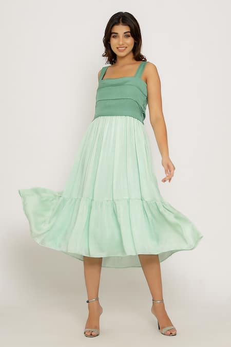 Buy_Neora By Nehal Chopra_Green Sustainable Silk Square Neck Tiered Color Block Dress _Online_at_Aza_Fashions