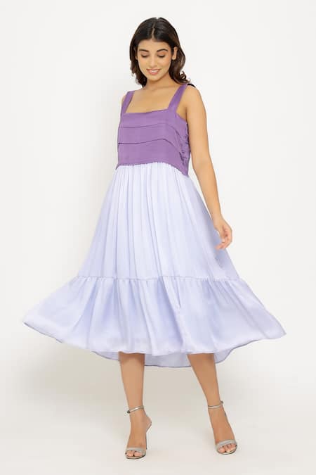 Buy_Neora By Nehal Chopra_Purple Sustainable Silk Square Neck Color Block Tiered Dress _Online_at_Aza_Fashions