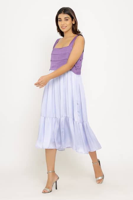 Shop_Neora By Nehal Chopra_Purple Sustainable Silk Square Neck Color Block Tiered Dress _Online_at_Aza_Fashions