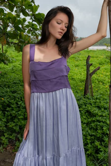 Neora By Nehal Chopra_Purple Sustainable Silk Square Neck Color Block Tiered Dress _at_Aza_Fashions