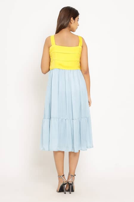 Shop Neora By Nehal Chopra Blue Sustainable Silk Square Neck Color Block Gathered Dress at Aza Fashions Shop_Neora By Nehal Chopra_Blue Sustainable Silk Square Neck Color Block Gathered Dress _at_Aza_Fashions