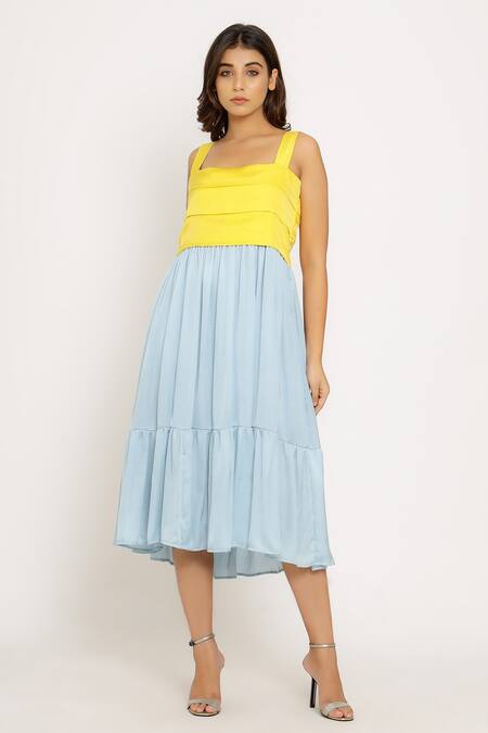 Neora By Nehal Chopra Blue Sustainable Silk Square Neck Color Block Gathered Dress Online at Aza Fashions Neora By Nehal Chopra_Blue Sustainable Silk Square Neck Color Block Gathered Dress _Online_at_Aza_Fashions