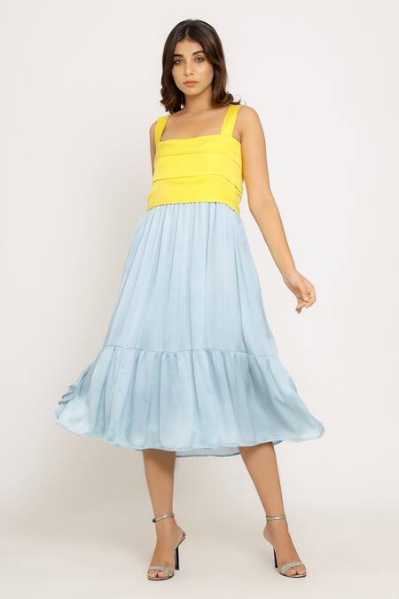 Shop Neora By Nehal Chopra Blue Sustainable Silk Square Neck Color Block Gathered Dress Online at Aza Fashions Shop_Neora By Nehal Chopra_Blue Sustainable Silk Square Neck Color Block Gathered Dress _Online_at_Aza_Fashions