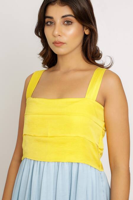Neora By Nehal Chopra Blue Sustainable Silk Square Neck Color Block Gathered Dress at Aza Fashions Neora By Nehal Chopra_Blue Sustainable Silk Square Neck Color Block Gathered Dress _at_Aza_Fashions